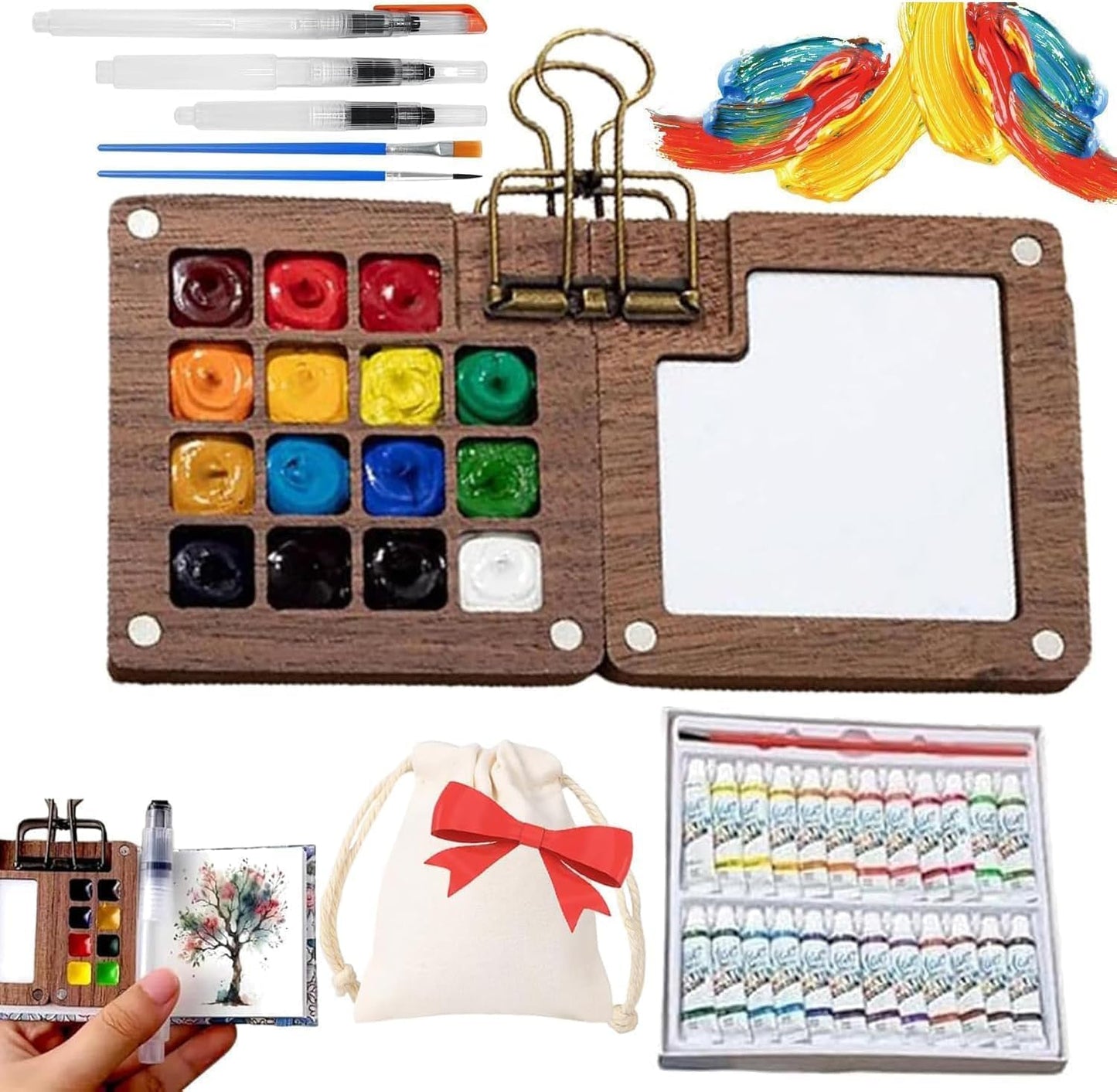 Watercolor Kit,New Mini Watercolor Paint Set, Pocket Watercolor Set with Paint, Brush, Sketchbook & Copper Clip, Travel Kit for Beginners