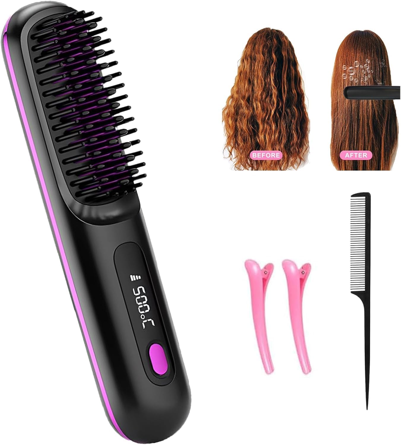 2026 Portable Straightener Brush for Travel, Cordless Hair Straightener Comb for Women,Fast Heating Hair Straightener with LCD Temperature Display