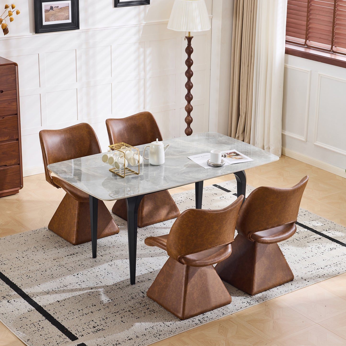 The swivel dining chair combines modern craftsmanship and can be combined in multiple sets. It is comfortable, artificial leather brown, and upholstered with modern high-back tables and chairs