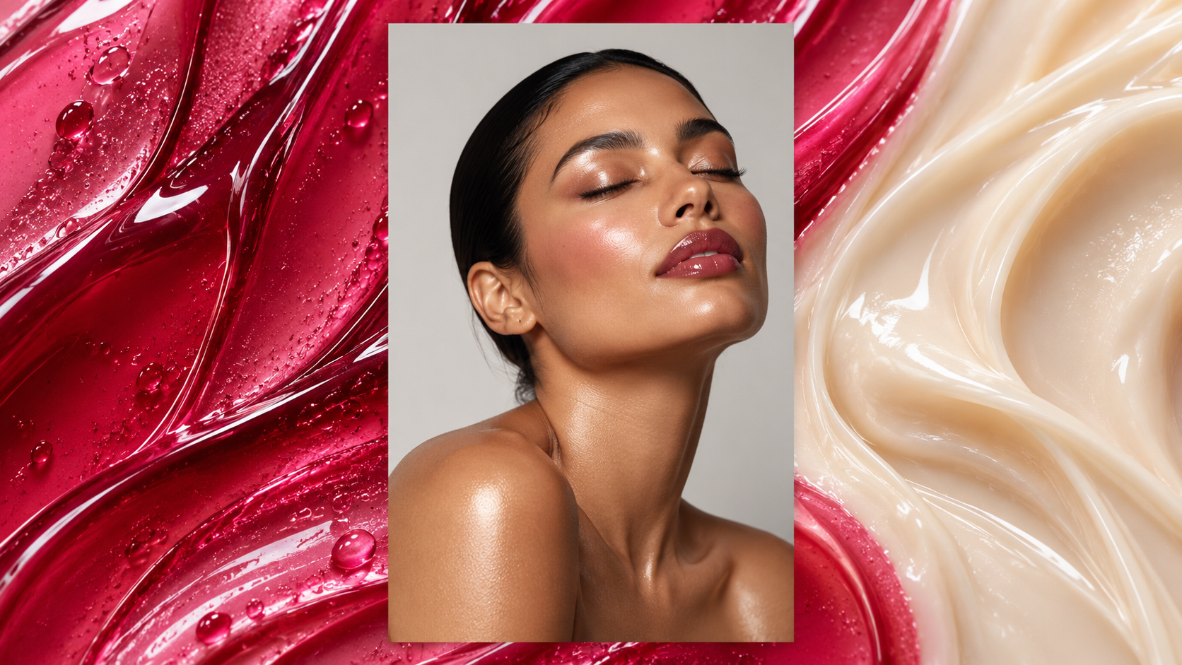 Beauty portrait with a pink skincare-inspired backdrop