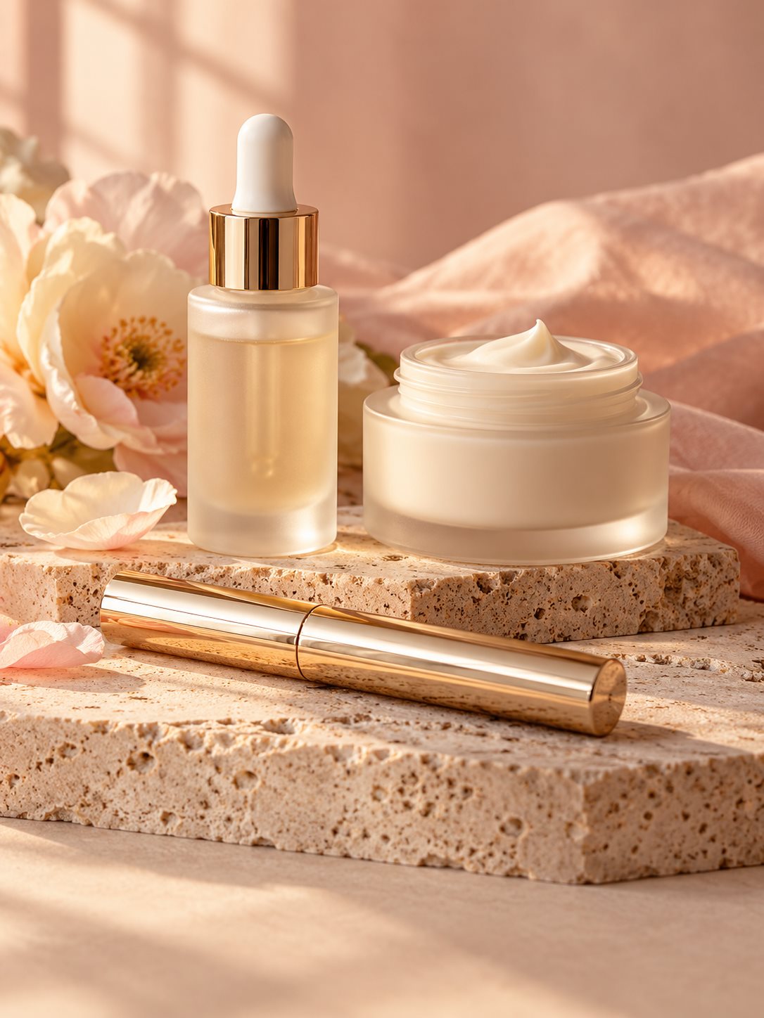A warm, softly lit arrangement of skincare essentials