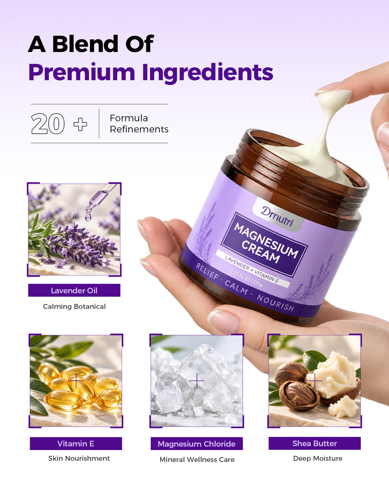Magnesium chloride, lavender oil, vitamin E and shea butter featured in Drnutri cream